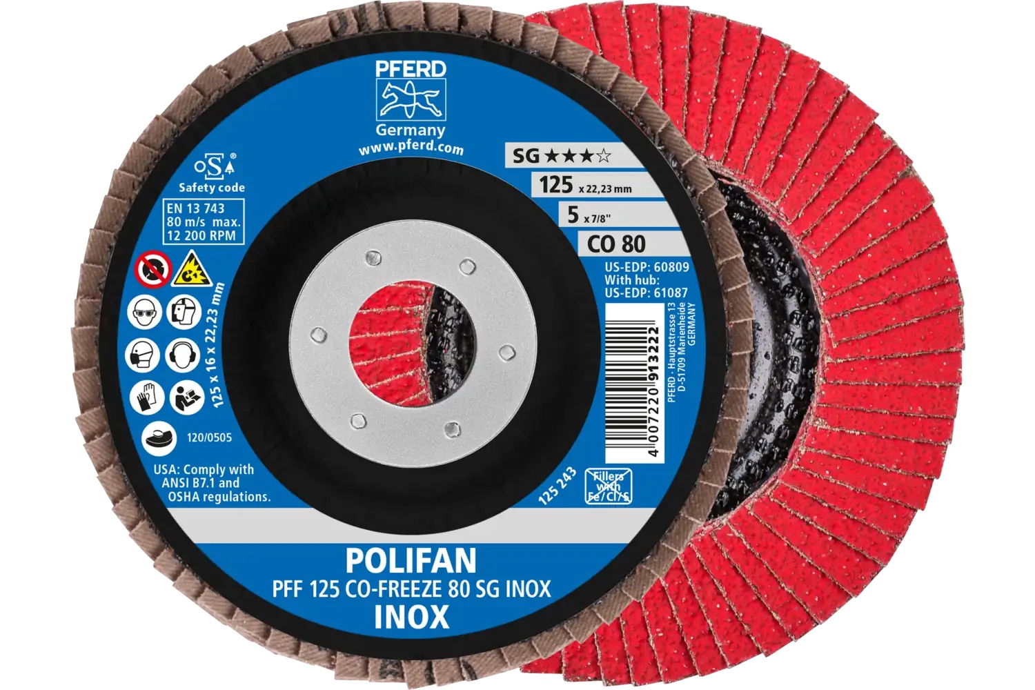 Picture of Pferd Flap Disc, 5" x 7/8, CO-Freeze SG Inox, 80 Grit, T27, Flat, Ceramic